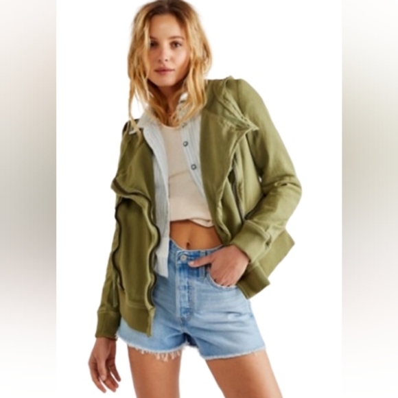 We The Free Army/Olive Green Carmen Moto Jacket With Hood Size S Sweatshirt Feel - Picture 1 of 16